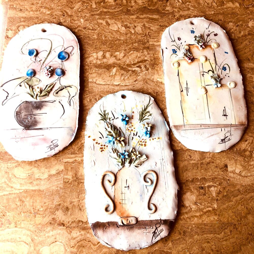 Vintage RARE Lino Zampiva Signed Ceramic Floral Wall Plaques Hand painted Italy